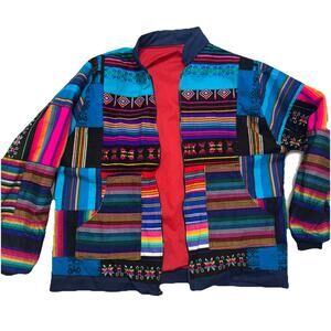 MULTICOLORED GUATEMALAN WOVEN PATCHWORK ZIP UP HRA Size XL